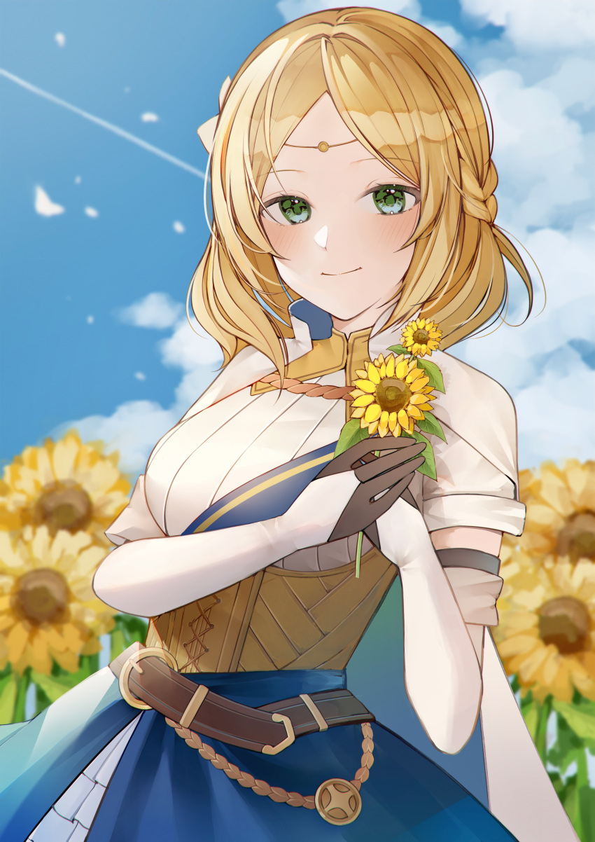 absurdres, belt, blonde_hair, blue_eyes, braid, cape, capelet, circlet