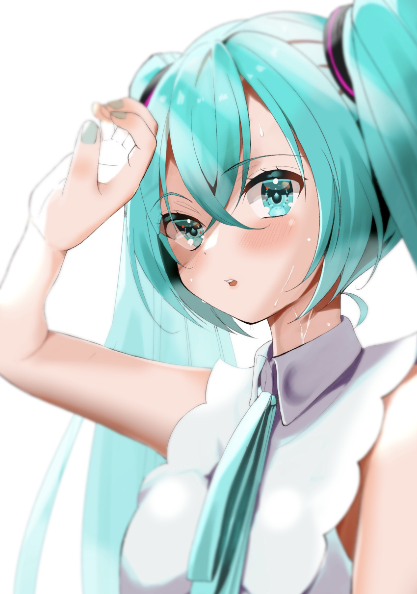 1girl, absurdres, aqua_eyes, aqua_hair, aqua_nails, aqua_neckwear, bare_shoulders, bloom