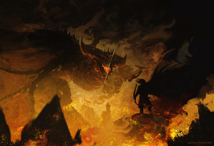 anato_finnstark, artist_name, bard_(the_hobbit), bow_(weapon), cape, commentary, dragon, english_commentary