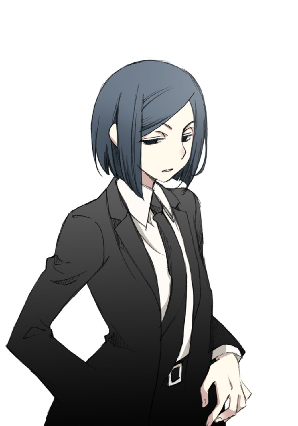 1boy, alfred_(papakoi), black_eyes, blue_hair, formal, graphite_(medium), half-closed_eyes, hatching_(texture)
