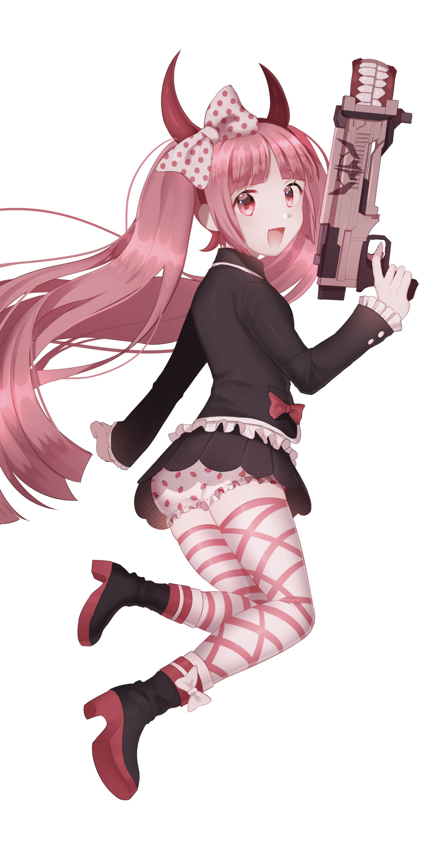 1girl, :d, absurdres, ass, bad_perspective, bangs, bloomers, blunt_bangs