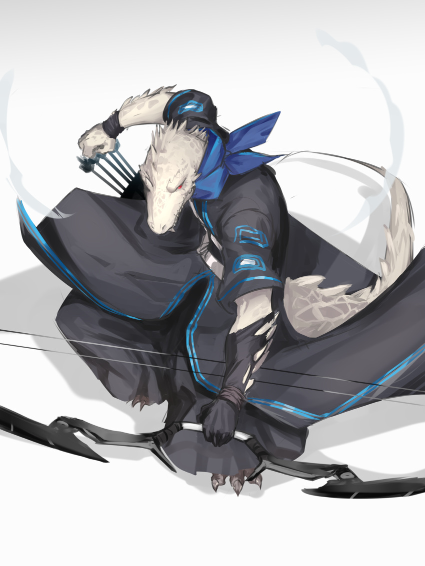 1boy, arknights, arrow_(projectile), bandana, blue_bandana, bow, gloves, highres