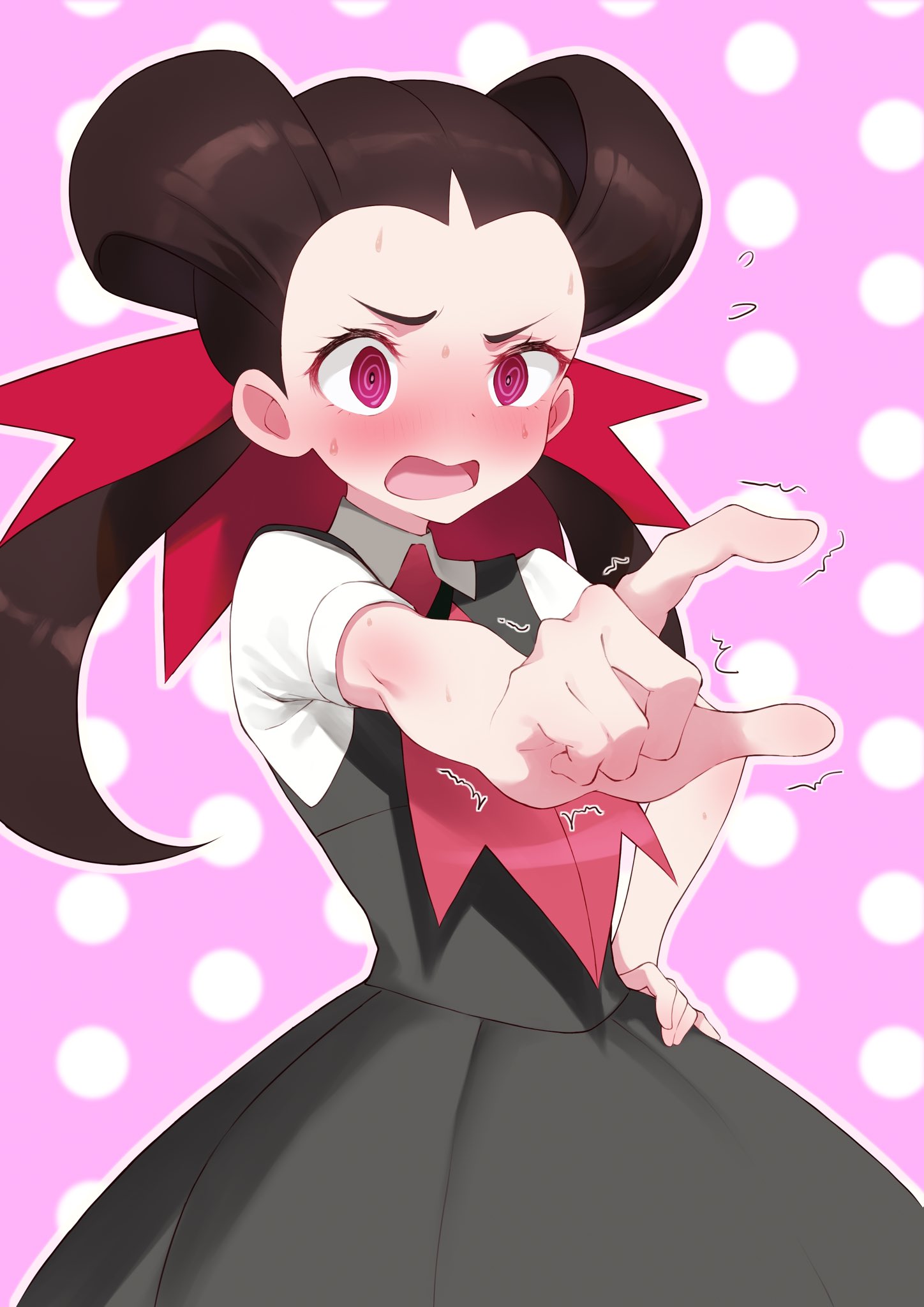1girl, @_@, blush, brown_hair, collared_shirt, commentary_request, dress, eyelashes