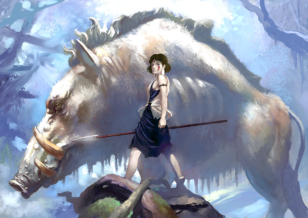 boar, brown_eyes, brown_hair, denchi, facial_tattoo, ghibli, mononoke_hime, polearm
