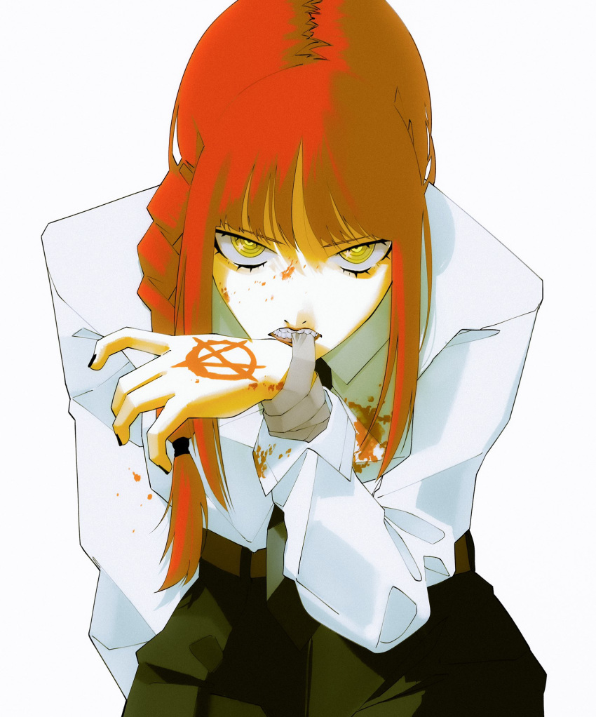 1girl, anarchy_symbol, bandages, belt, black_pants, blood, blood_on_face, bloody_clothes