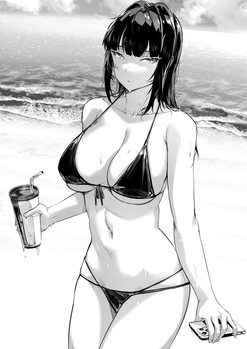 1girl, absurdres, bangs, bare_arms, bare_shoulders, beach, bikini, blunt_bangs