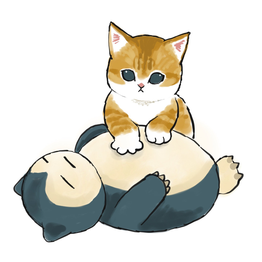 animal, cat, closed_eyes, closed_mouth, commentary_request, full_body, gen_1_pokemon, highres, juno_(mofu_sand), kneading, looking_at_viewer, lying, no_humans, on_back, original, pokemon, simple_background, snorlax, white_background