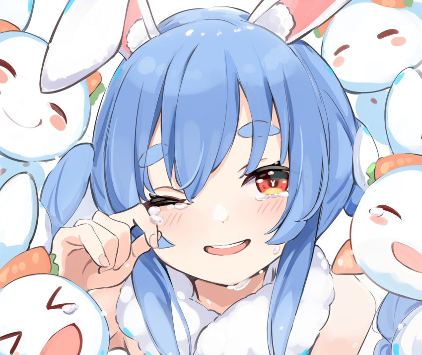 1girl, ;d, anbasa_(amaneyuz13), animal_ears, blue_hair, blush, braid, bunny-shaped_pupils