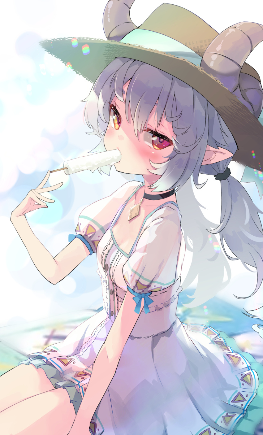 1girl, blue_ribbon, blush, breasts, commentary_request, curled_horns, curly_hair, dress, eating, food, gremory_(king's_raid), grey_hair, hat, highres, horns, horns_through_headwear, ice_cream, jewelry, king's_raid, looking_at_viewer, nyahu_(nyahu_77), patterned_clothing, pendant, pointy_ears, red_eyes, ribbon, seat, small_breasts, solo, straw_hat, summer, sundress, thighs, triangle, twintails, white_dress