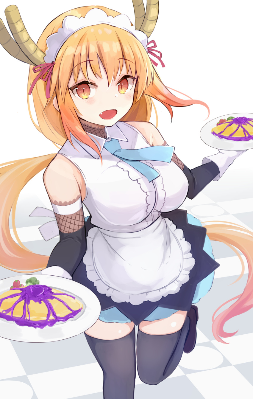 1girl, apron, blonde_hair, blue_neckwear, blush, bridal_gauntlets, colored_tips, dragon_girl