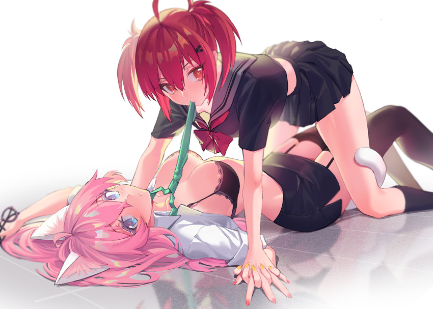 2girls, ahoge, animal_ear_fluff, animal_ears, bangs, black-framed_eyewear, black_legwear, black_serafuku