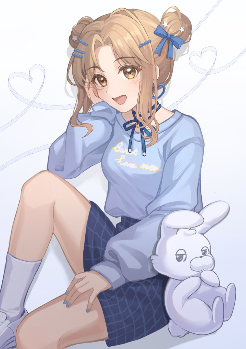 1girl, absurdres, bangs, blue_background, blue_bow, blue_nails, blue_shirt, blue_skirt