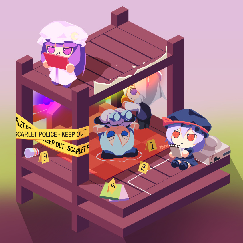 4girls, absurdres, alternate_costume, bloomers, blue_bow, blue_eyes, blue_footwear, blue_headwear, blue_vest, book, bow, caution_tape, chalk, chalk_outline, cirno, closed_mouth, crime_scene, cup, disposable_cup, dress, english_text, farrel_kb, full_body, fumo_(doll), glasses, grey_hair, hair_bow, hat, hat_ribbon, highres, holding, holding_book, holding_notebook, isometric, izayoi_sakuya, keep_out, long_hair, long_sleeves, mixed-language_commentary, mob_cap, multiple_girls, notebook, patchouli_knowledge, pink_dress, pink_headwear, police, police_uniform, purple_hair, reading, red_eyes, remilia_scarlet, ribbon, roblox, short_hair, short_sleeves, sitting, smile, standing, touhou, underwear, uniform, upside-down, v-shaped_eyebrows, vest, violet_eyes