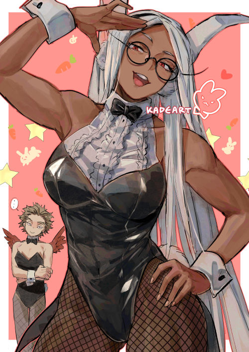 1boy, 1girl, :d, animal_ears, artist_name, black_leotard, boku_no_hero_academia, breasts, dark-skinned_female, dark_skin, eyelashes, feathered_wings, fishnet_legwear, fishnets, glasses, hand_on_hip, hawks_(boku_no_hero_academia), kadeart, leotard, long_hair, male_playboy_bunny, mirko, muscular, muscular_female, open_mouth, playboy_bunny, rabbit_ears, rabbit_girl, rabbit_tail, red_eyes, smile, symbol-only_commentary, tail, very_long_hair, white_hair, wings, wrist_cuffs