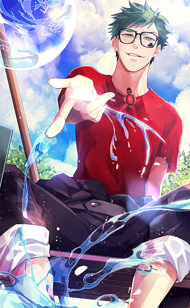 1boy, belt, black_pants, blush, clouds, club_(shape), day, facial_mark