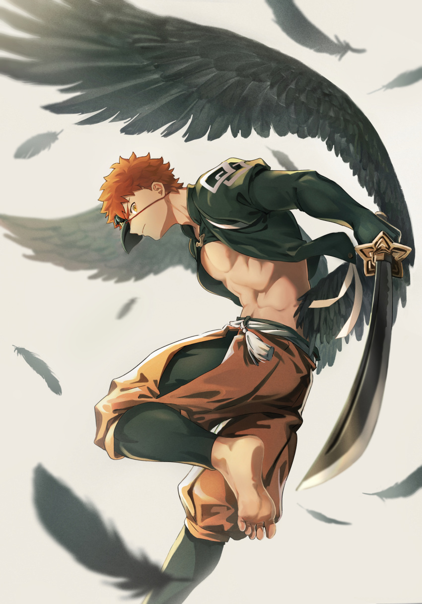 1boy, abs, absurdres, bare_pectorals, barefoot, black_feathers, black_legwear, emiya_shirou