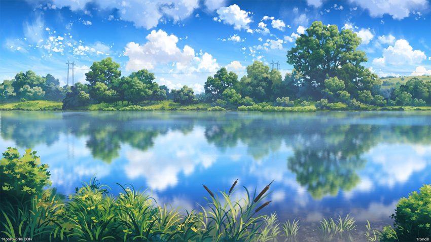 artist_name, blue_sky, bush, clouds, cloudy_sky, copyright_name, copyright_request, day, grass, highres, lake, landscape, nature, no_humans, power_lines, reflection, reflective_water, sky, tree, troncill, water