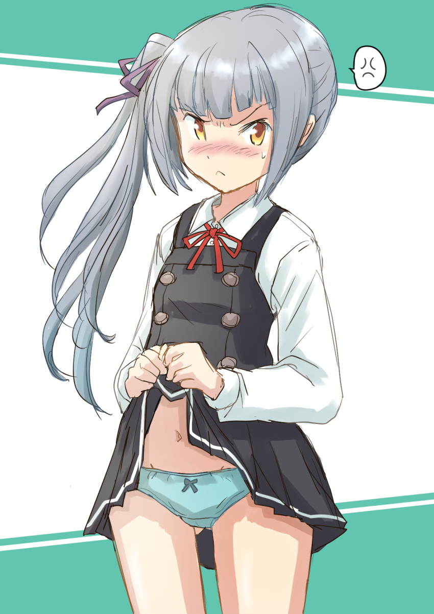 1girl, anger_vein, belt, black_ribbon, blue_panties, blush, brown_eyes, clothes_lift