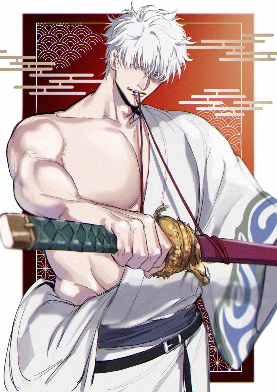 1boy, alternate_pectoral_size, bare_pectorals, gintama, hadanugi_dousa, highres, hisknn, holding
