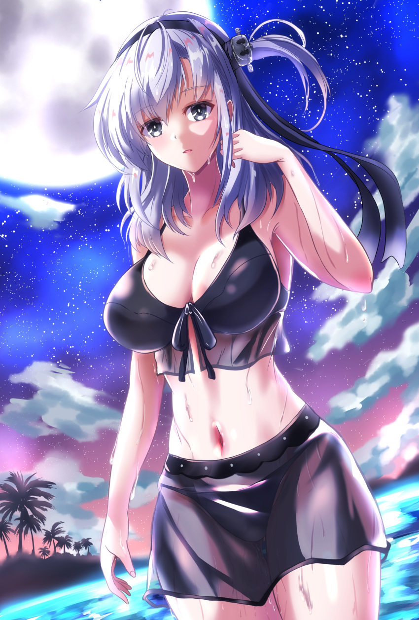 1girl, absurdres, bikini, black_bikini, black_headband, breasts, cowboy_shot, female_pubic_hair