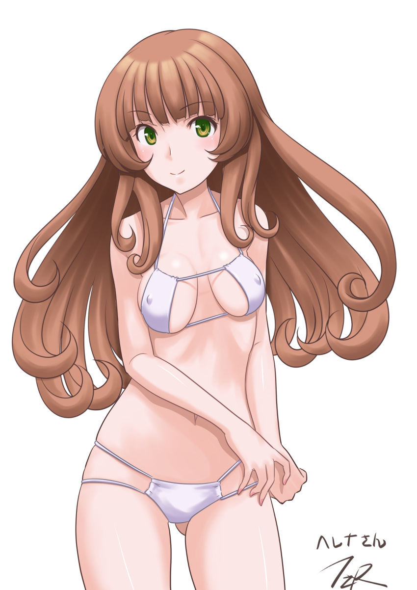 1girl, artist_logo, bangs, bikini, blunt_bangs, breasts, brown_hair, character_name