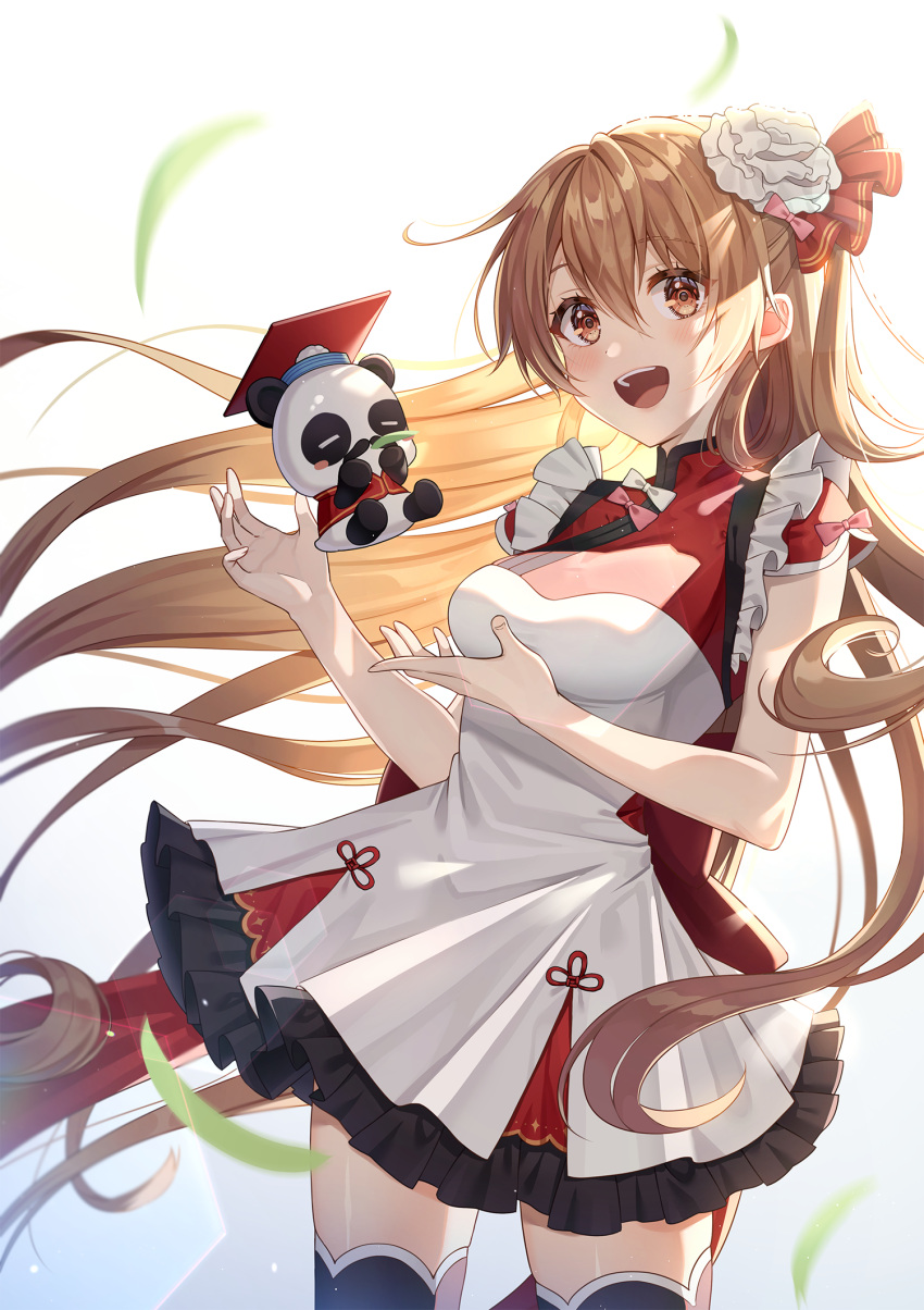1girl, :d, bangs, black_legwear, blush, bow, breasts, brown_eyes