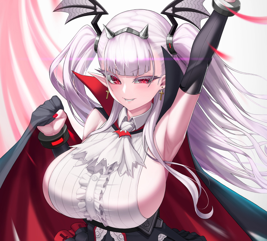 1girl, bangs, blunt_bangs, breasts, cross, cross_earrings, draculina_(last_origin), dress, earrings, eyebrows_visible_through_hair, fangs, fins_(pixiv29142276), grin, highres, huge_breasts, jewelry, last_origin, looking_at_viewer, sideboob, silver_hair, smile, solo, twintails, two_side_up, wing_hair_ornament