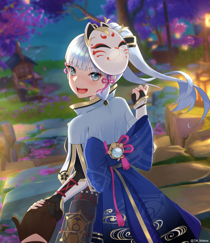 1girl, bangs, blue_eyes, blunt_bangs, blush, dress, fox_mask, genshin_impact