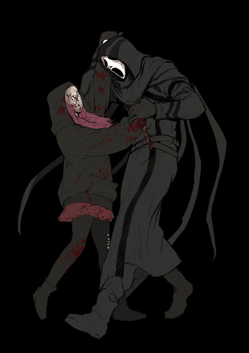 1boy, 1other, arm_up, black_background, black_gloves, black_hoodie, black_legwear, blood, bloody_clothes, bloody_knife, boots, commentary_request, dead_by_daylight, full_body, ghostface, gloves, holding, holding_knife, hood, hoodie, knife, long_hair, mask, miniskirt, pantyhose, pink_hair, red_skirt, scream_(movie), shoes, simple_background, skirt, the_legion_(dead_by_daylight), umsotasty, weapon