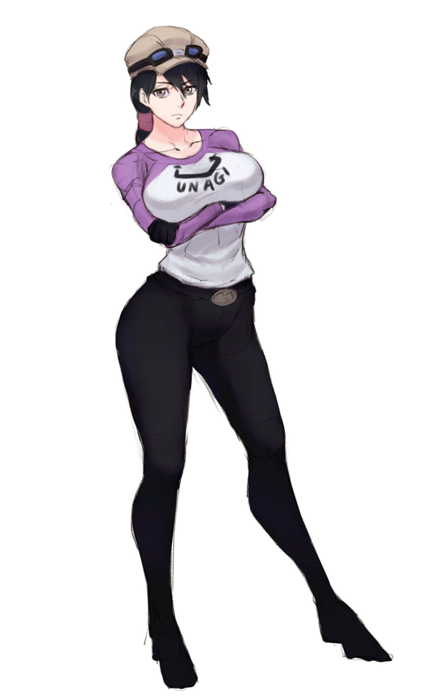 1girl, absurdres, bangs, black_gloves, black_hair, black_pants, bleach, breasts, brown_eyes, closed_mouth, crossed_arms, eyebrows_visible_through_hair, freddyhalloween, full_body, gloves, goggles, goggles_on_head, goggles_on_headwear, hat, highres, large_breasts, long_hair, long_sleeves, looking_at_viewer, no_shoes, pants, ponytail, purple_shirt, serious, shirt, standing, two-tone_shirt, unagiya_ikumi, v-shaped_eyebrows, white_background, white_shirt