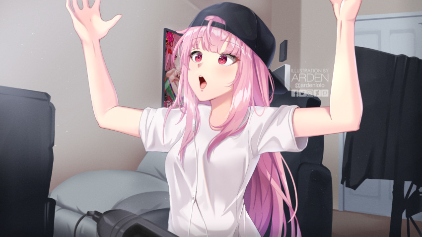 1girl, :o, ardenlolo, arms_up, artist_name, backwards_hat, bangs, black_headwear
