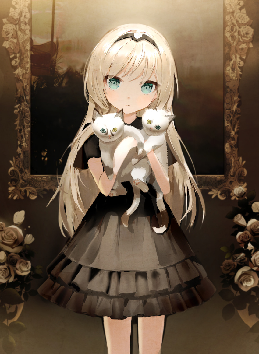 1girl, absurdres, animal, black_dress, blue_eyes, carrying, cat, child