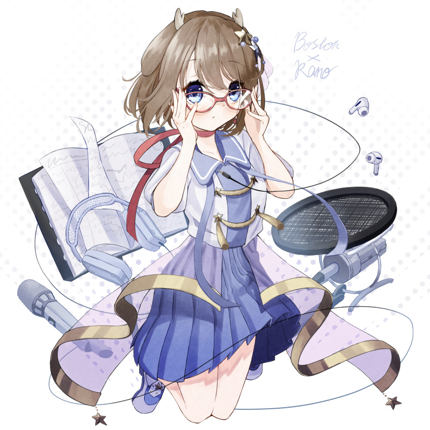 1girl, absurdres, airpods, antlers, brown_hair, deer_antlers, glasses, headphones