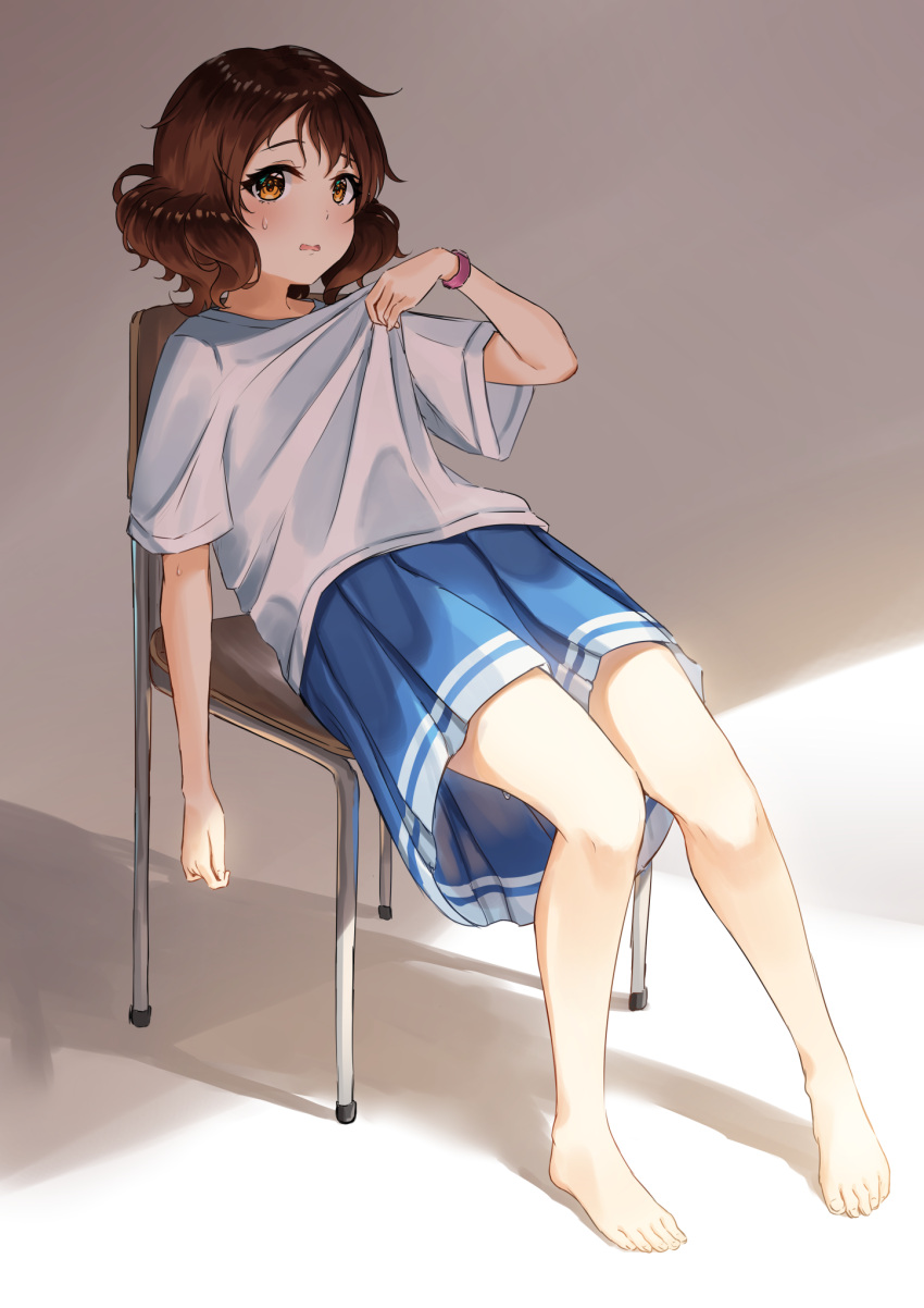 1girl, adjusting_clothes, barefoot, blue_skirt, blush, brown_eyes, brown_hair, chair
