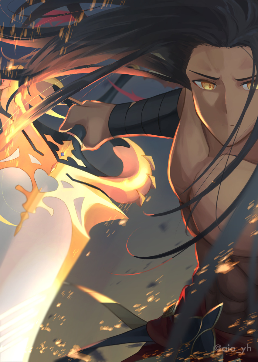 1boy, absurdres, armband, black_hair, dark_skin, fate_(series), forehead, heracles_(fate), highres, marmyadose_(fate), muscular, muscular_male, shin'ya_(yukiura), yellow_eyes