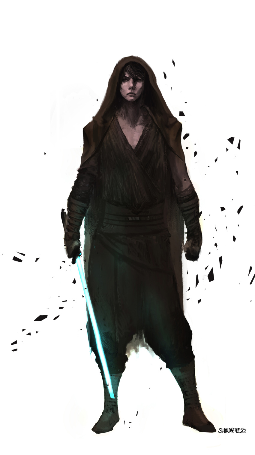 1boy, absurdres, anakin_skywalker, babyj0, bangs, brown_gloves, brown_hair, clenched_hand, cloak, energy_sword, frown, gloves, highres, holding, holding_sword, holding_weapon, hood, hood_up, jedi, lightsaber, looking_at_viewer, male_focus, solo, star_wars, star_wars:_revenge_of_the_sith, sword, weapon