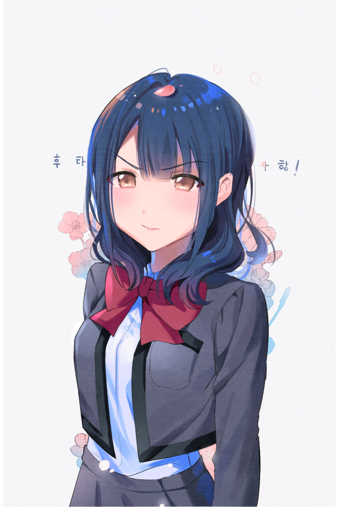 1girl, arms_at_sides, background_text, bangs, blue_hair, blush, bow, bowtie