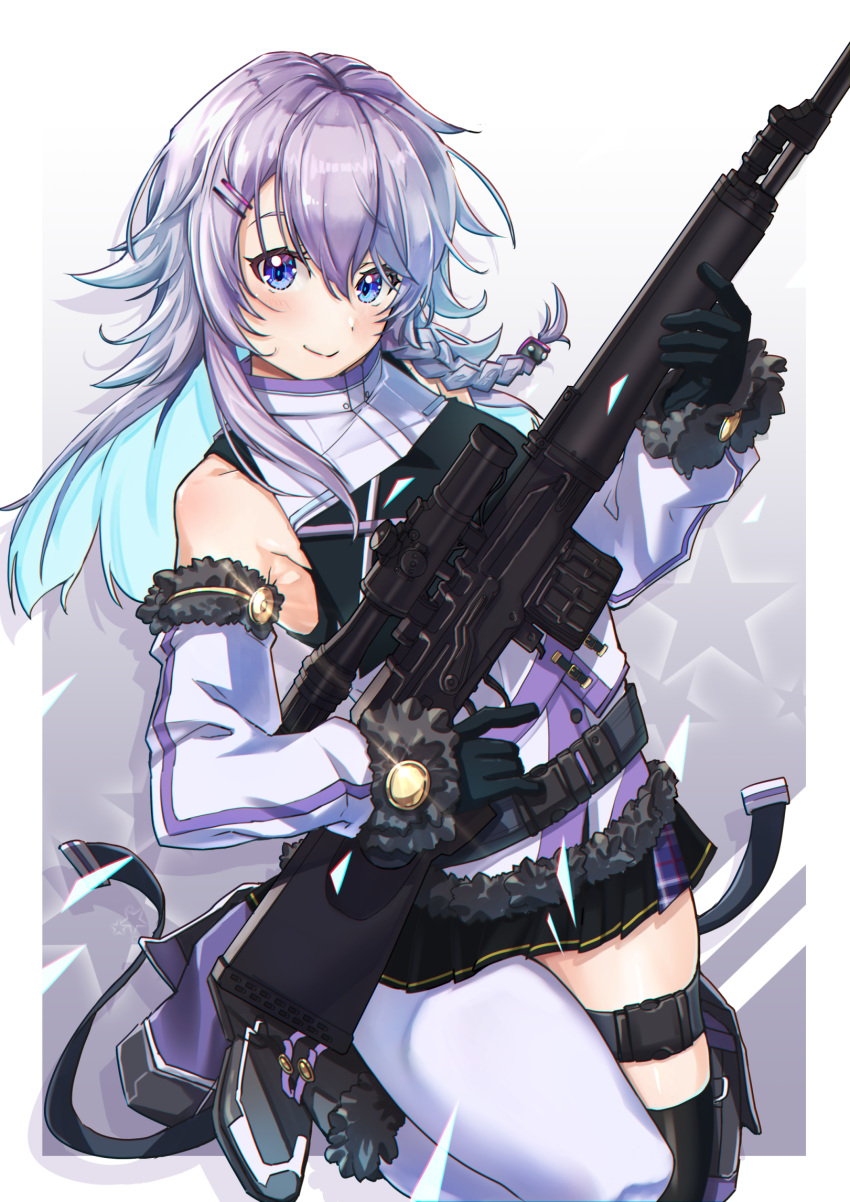 1girl, bangs, black_gloves, black_skirt, blue_eyes, blue_hair, blush, braid
