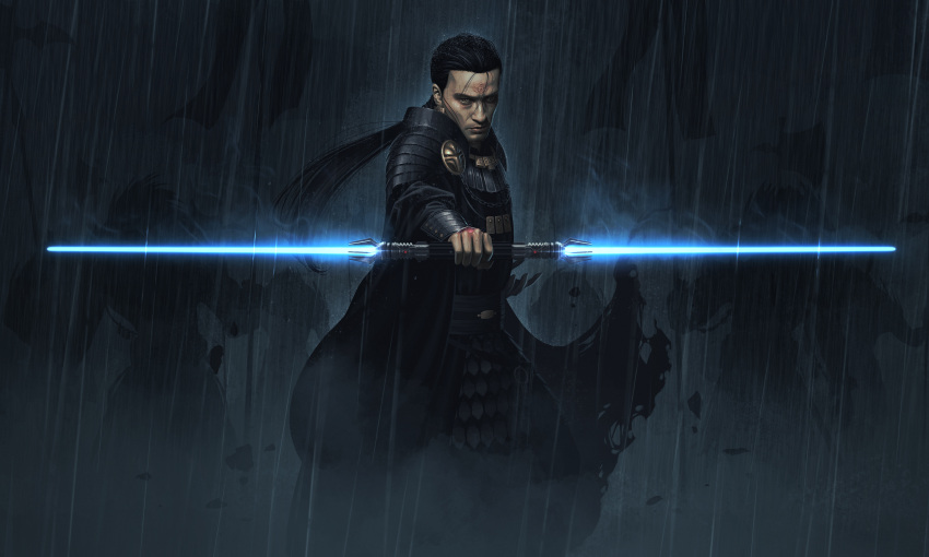 1boy, 5health, absurdres, armor, black_cape, cape, energy_sword, exar_kun