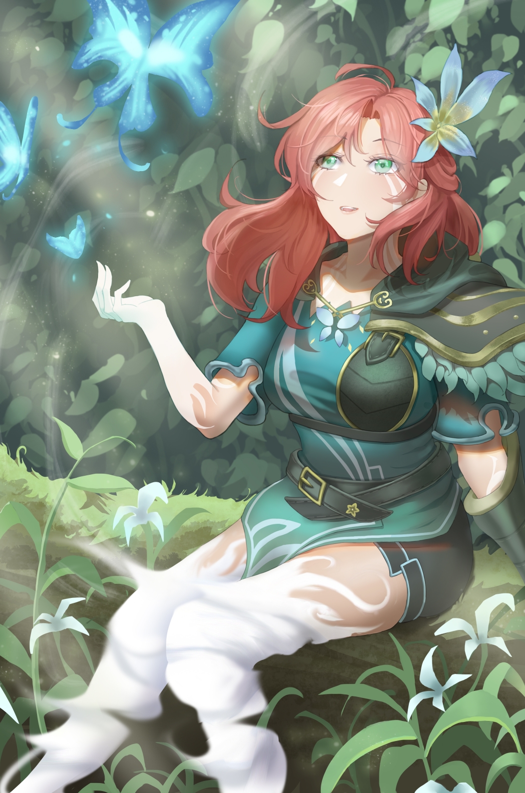 1girl, :d, antenna_hair, bangle, bangs, blue_flower, bracelet, bug
