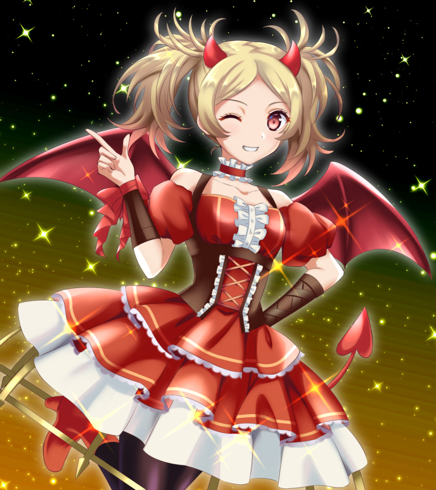 1girl, boots, demon_costume, demon_girl, demon_horns, demon_tail, demon_wings, fire_emblem, fire_emblem_awakening, grin, high_heel_boots, high_heels, highres, horns, kakiko210, kakiko228, lissa_(fire_emblem), one_eye_closed, pointing, red_eyes, red_footwear, red_shirt, red_skirt, shirt, skirt, smile, tail, twintails, white_skirt, wings