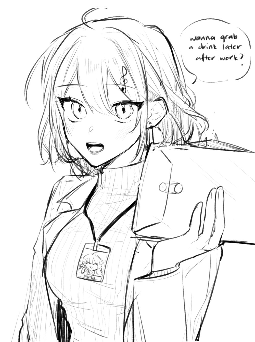 1girl, alternate_costume, bangs, breasts, english_commentary, envelope, greyscale, hair_behind_ear