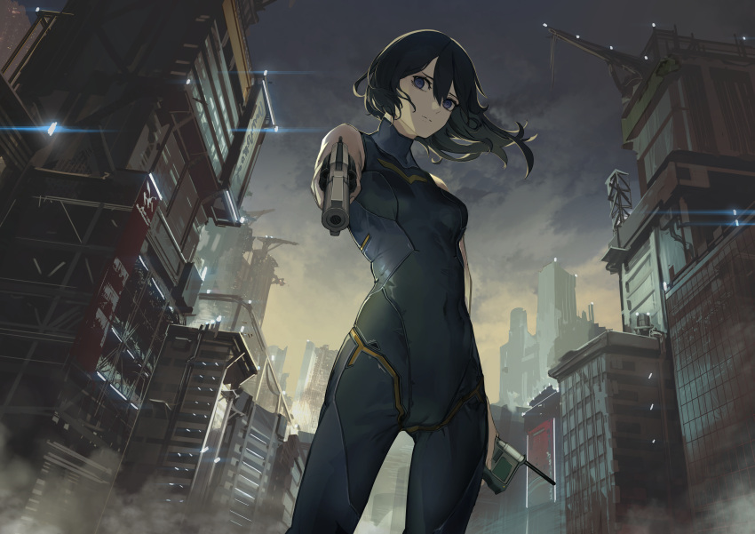 1girl, absurdres, aiming_at_viewer, bangs, black_bodysuit, black_hair, blue_eyes, bodysuit