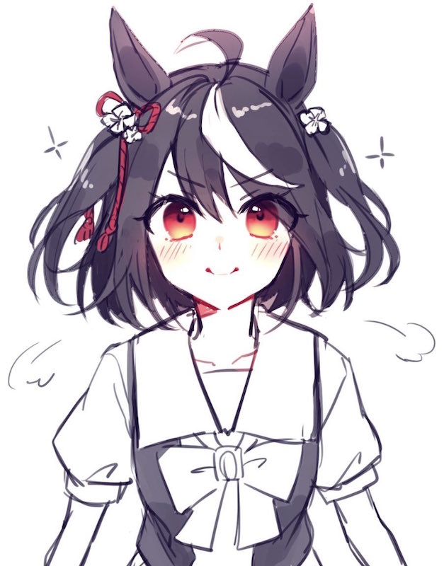 >:), 1girl, animal_ears, bangs, black_hair, blush, bow, closed_mouth