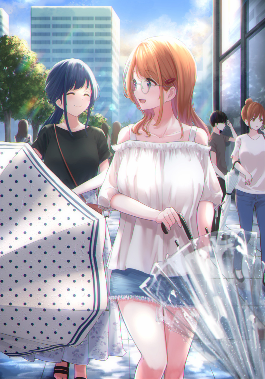 1boy, 3girls, after_rain, black_legwear, blue_eyes, blue_hair, building, city