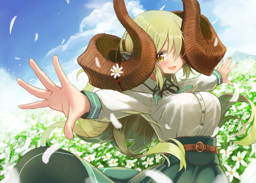 159cm, 1girl, :d, belt, blonde_hair, blue_skirt, blush, brown_belt