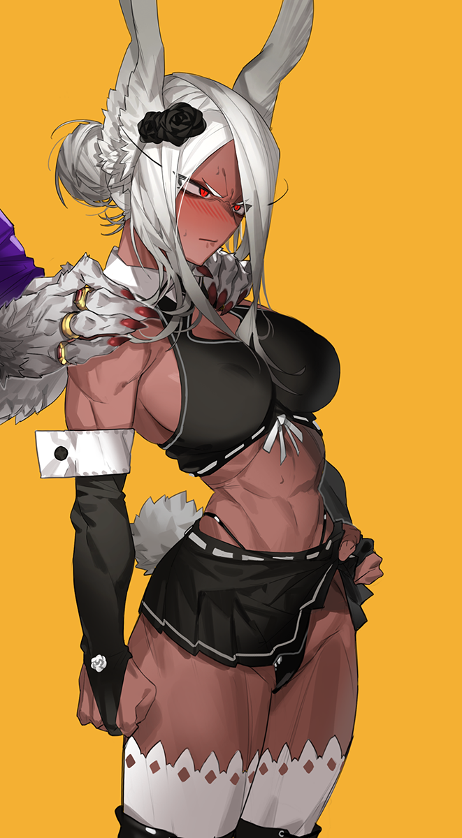 1boy, 1girl, abs, animal_ears, biceps, black_flower, black_panties, blush