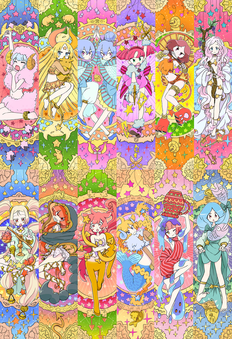 6+girls, :3, :o, ahoge, animal_ears, anklet, aqua_hair, aquarius
