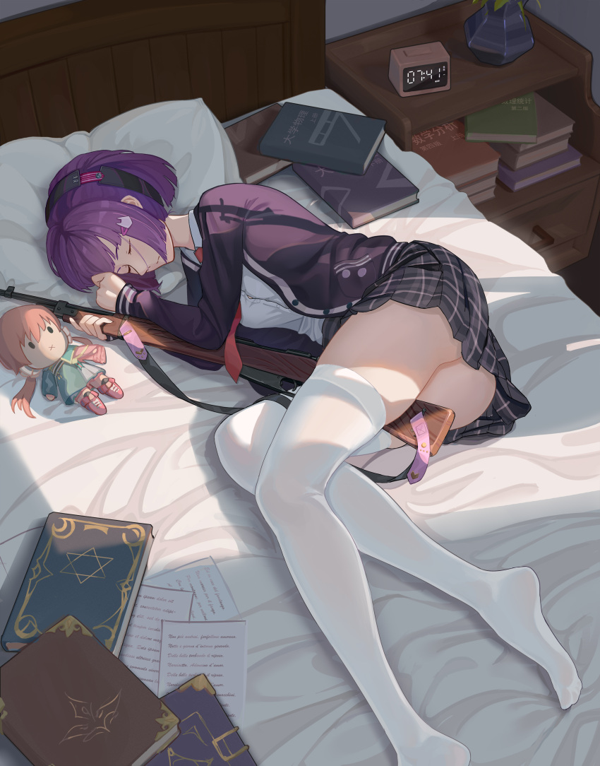 1girl, absurdres, alarm_clock, alternate_costume, ass, between_legs, bolt_action, book, carcano, carcano_m1891_(girls_frontline), carcano_m91/38_(girls_frontline), character_doll, chinese_commentary, clock, commentary_request, girls_frontline, gun, hair_ornament, hairband, hairclip, highres, holding, holding_gun, holding_weapon, indoors, lying, moran_(pixiv27824646), necktie, nightstand, no_shoes, on_bed, on_side, pillow, plaid, plaid_skirt, pleated_skirt, purple_hair, red_neckwear, rifle, shirt, short_hair, skirt, sleeping, sling, solo, sunlight, thigh-highs, thighs, weapon, white_legwear, white_shirt, window_shade