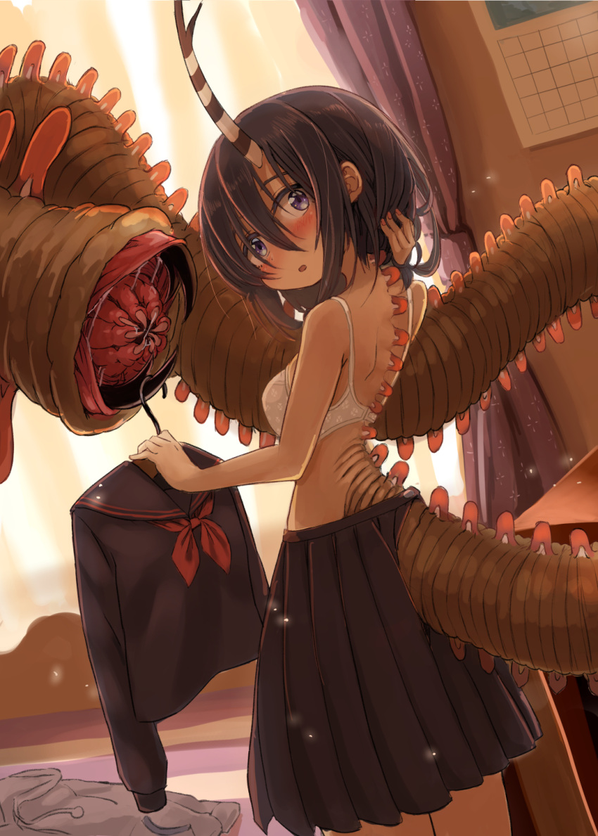 159cm, 1girl, :o, backlighting, bare_arms, bare_shoulders, black_hair, black_sailor_collar, black_serafuku, black_shirt, black_skirt, blush, bobbit_worm, bra, extra_mouth, from_side, hand_in_hair, hand_up, highres, holding, horns, indoors, isome_meme_(159cm), looking_at_viewer, looking_to_the_side, medium_skirt, monster_girl, neckerchief, open_mouth, original, pleated_skirt, red_neckwear, sailor_collar, school_uniform, serafuku, shirt, shirt_removed, short_hair, single_horn, skirt, solo, tail, tail_mouth, underwear, violet_eyes, white_bra, window